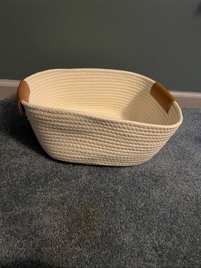 Target Cream Woven Rope Storage Basket with Brown Leather Handles